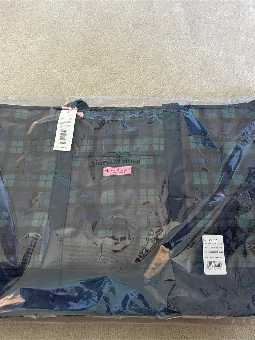 Vineyard Vines Yuletide Blackwatch coated large tote. Weekender